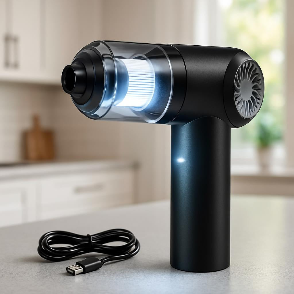 A sleek, modern 2-in-1 vacuum cleaner standing upright on a clean kitchen countertop, with a soft-focus home background, highlighting its compact design and LED illumination.