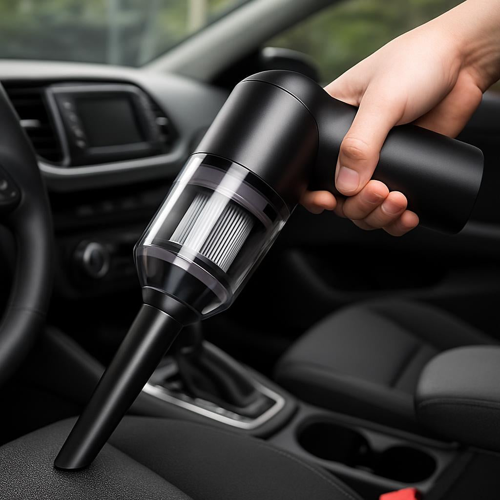 A handheld vacuum cleaner being used to clean a car interior, with the car seats and dashboard slightly blurred in the background, emphasizing portability and power.