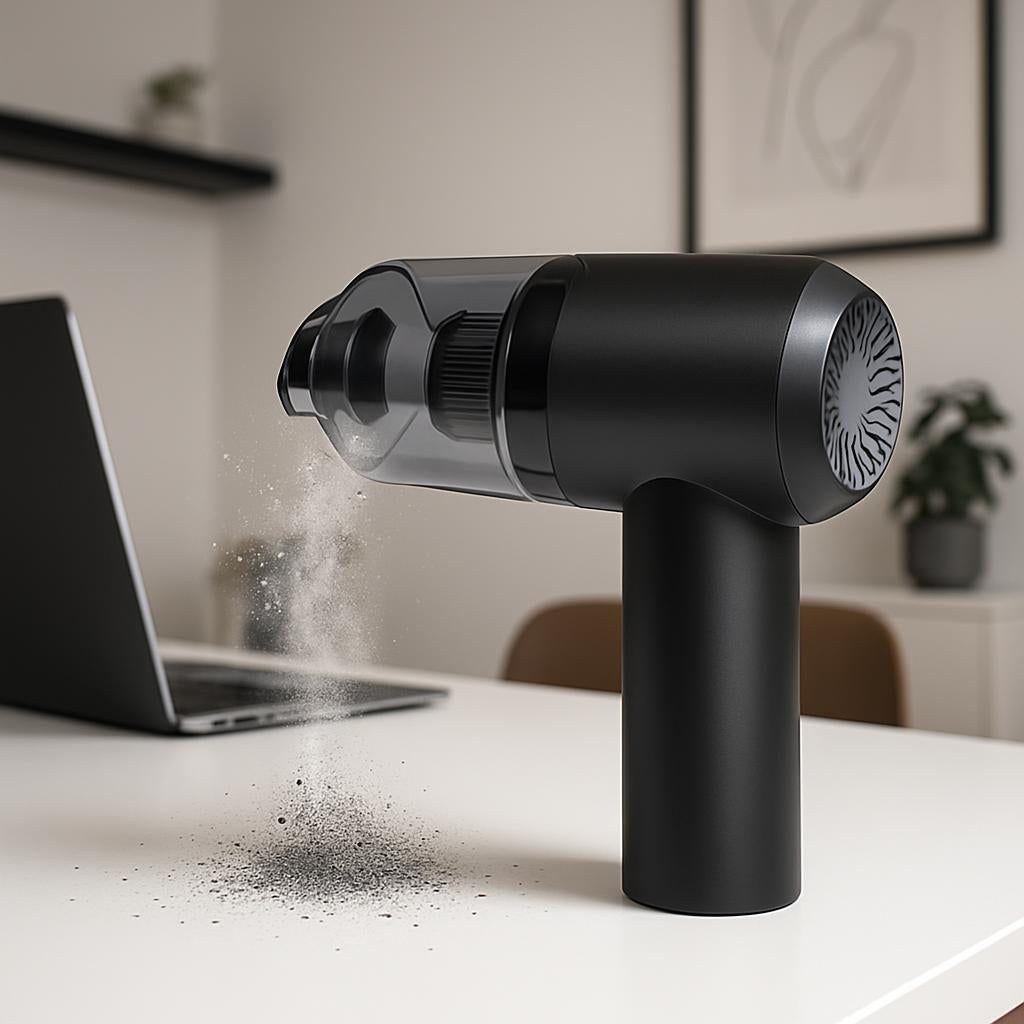An artistic shot of the vacuum cleaner placed on a minimalist workspace, with dust particles visibly being sucked into the device, showcasing its strong suction and high-quality ABS material.
