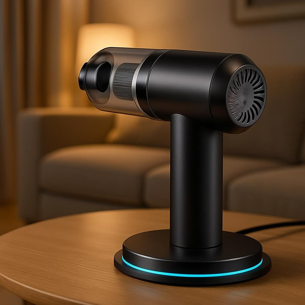 A scene showing the vacuum cleaner charging wirelessly on a modern charging station in a living room, with ambient lighting emphasizing its cordless feature and durable build.