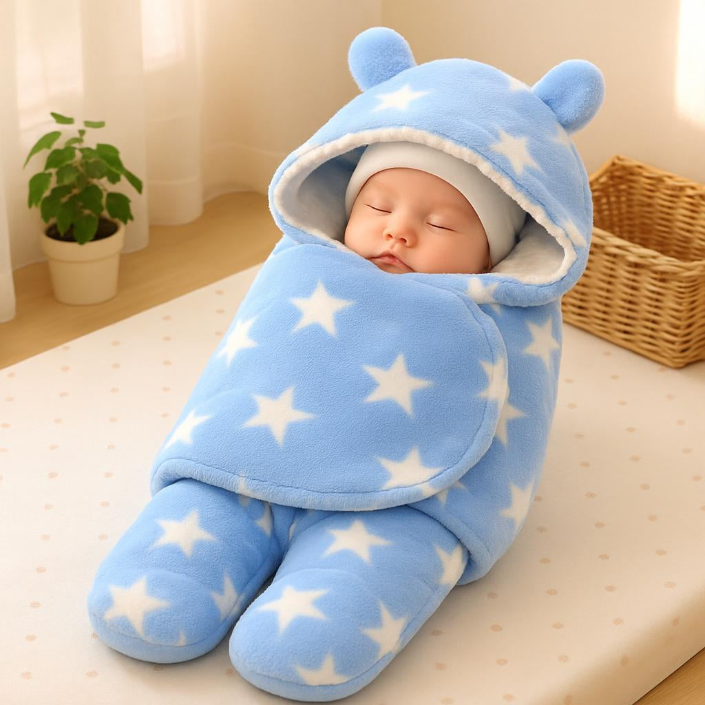 A cozy scene of a newborn wrapped in the wearable baby blanket with the star design, lying peacefully in a nursery with soft natural light.