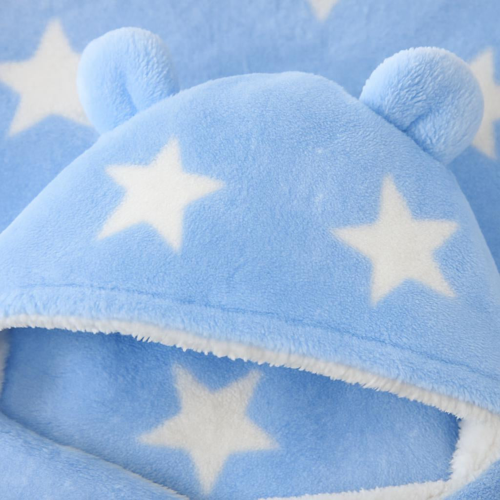 A close-up shot highlighting the plush cotton fabric and star pattern, with the hood featuring tiny ears prominently displayed.