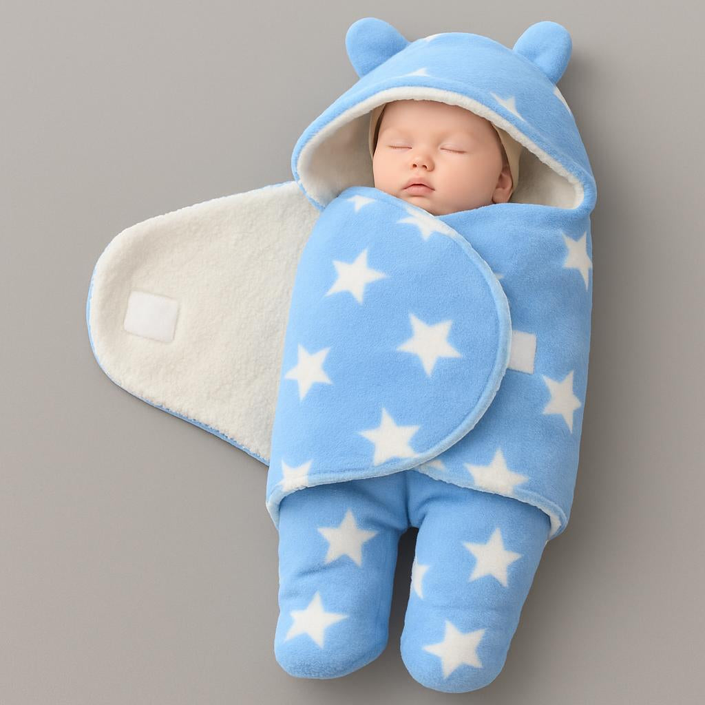A staged image showing the blanket being easily wrapped around a sleeping baby with the secure velcro closure, emphasizing ease and security.