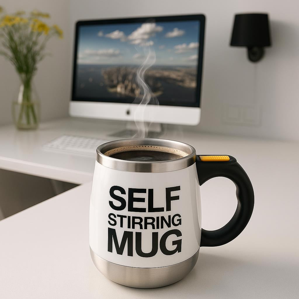 A sleek self-stirring mug on a modern office desk, with steam rising from a freshly mixed coffee, shot from a slightly elevated angle with natural lighting highlighting the stainless steel interior.