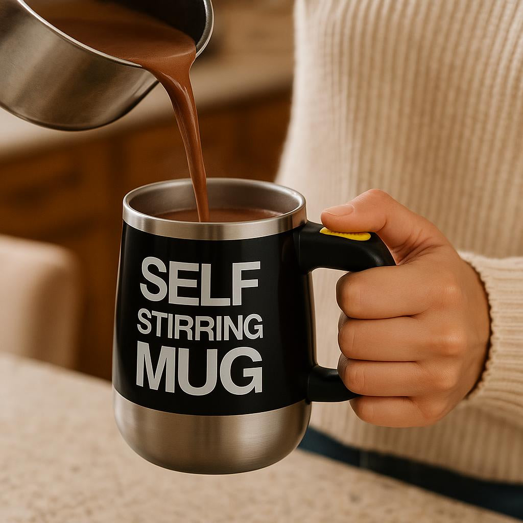 Lifestyle scene showing a person in a cozy kitchen holding the self-stirring mug while pouring hot chocolate, with a blurred background of a home setting, focus on the mug's ergonomic handle and button.
