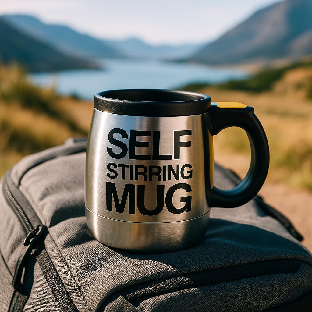Close-up shot of the self-stirring mug placed on a travel backpack, with a scenic outdoor background, emphasizing portability and outdoor use, with sunlight reflecting off the stainless steel.