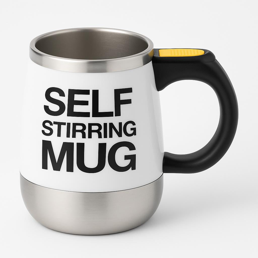 Studio shot of the self-stirring mug isolated on a clean white background, with a focus on the ergonomic handle and mixing button, highlighting the product's sleek design and features.