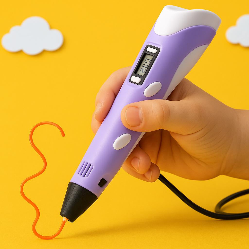 A vibrant, close-up shot of the 3D Printer Pen for Kids held in a child's hand, with colorful PLA filament emerging from the tip, set against a bright, playful background.