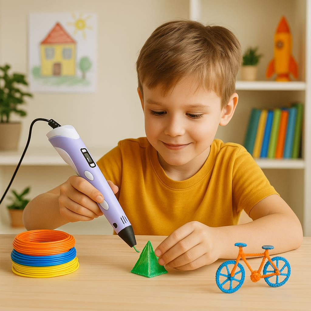 A playful scene showing a child sitting at a desk, focused on drawing a 3D object with the pen, surrounded by colorful filament and creative art projects, in a well-lit, cheerful room.