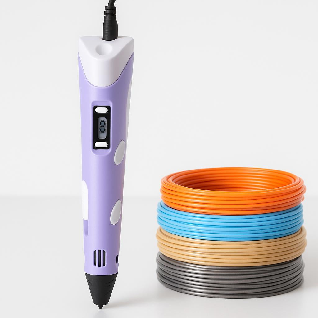 A sleek, studio shot of the 3D Printer Pen for Kids standing upright on a clean, white surface, with spools of multi-colored PLA filament arranged nearby, emphasizing the product's design and portability.
