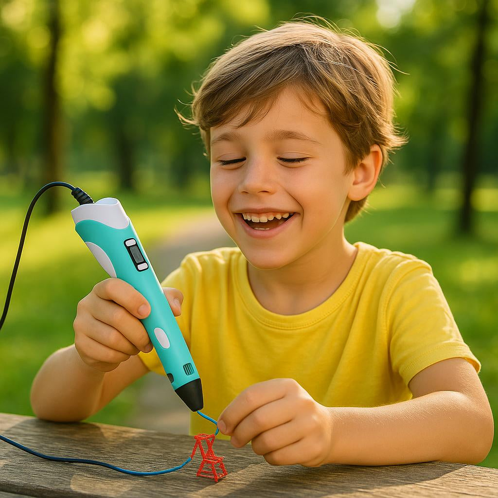 An outdoor scene with a young artist using the 3D Printer Pen to create a small sculpture in a park, with natural sunlight highlighting the vibrant colors and the child's joyful expression.